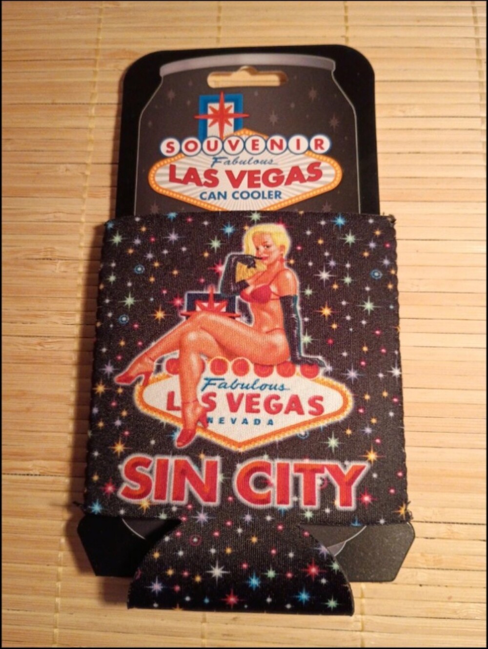 Las Vegas Sin City Souvenir Can Cooler - Black with Colorful Stars